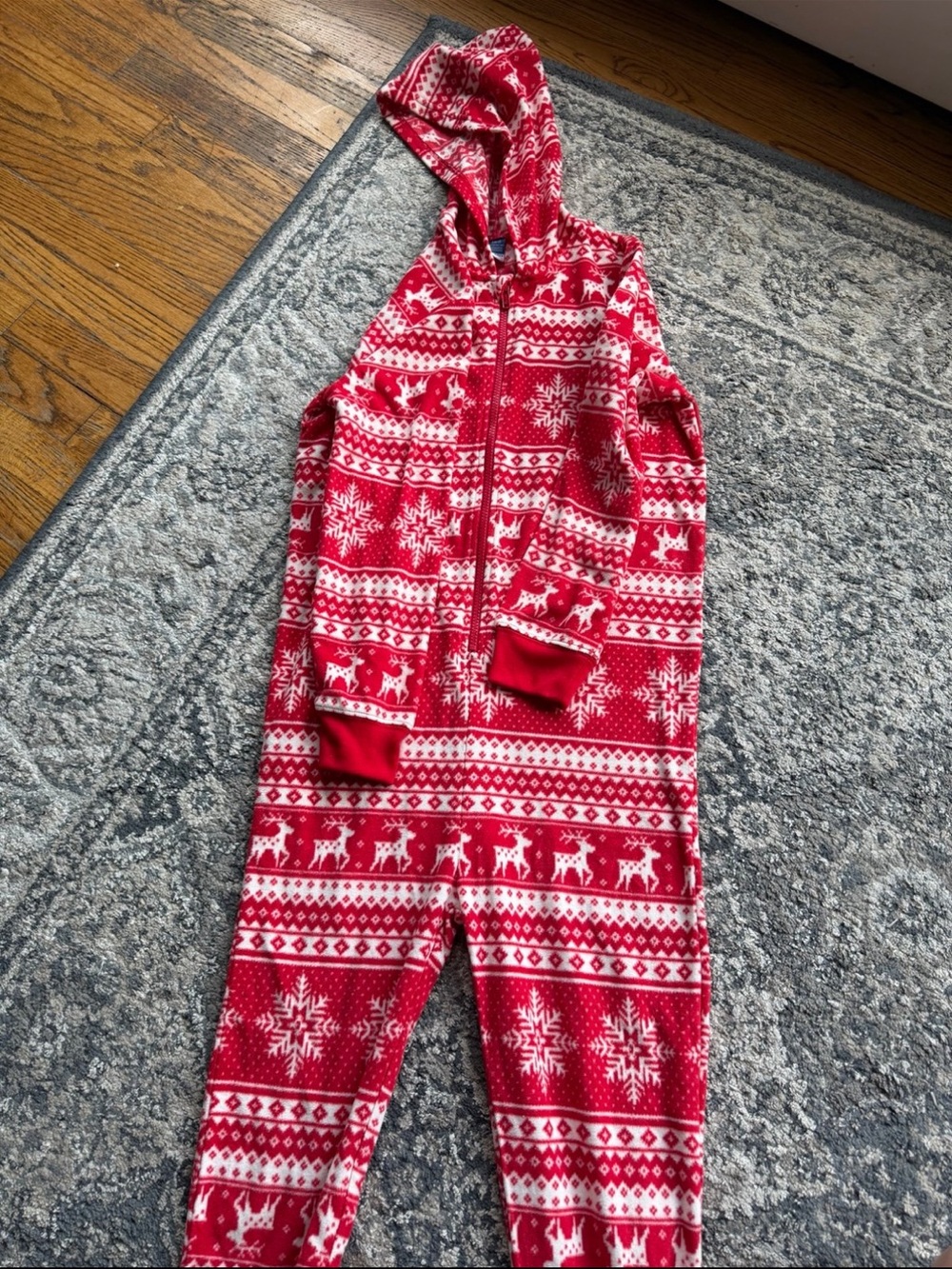 Old Navy Red and White Kids Hooded Reindeer One-Piece Pajamas
